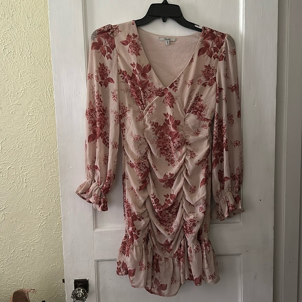 Papaya Boho Pink Floral Long Sleeve Ruched Mini Dress